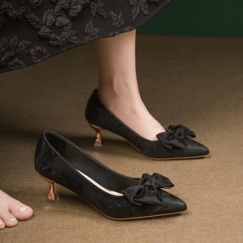 

Fashion Shoes for Woman 2025 with Bow Women s Summer Footwear Pumps on Heeled Pointed Toe High Heels Evening Genuine 34 чёрный