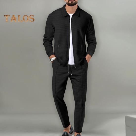 2Pcs/Set Men Outfit Lapel Long Sleeve Zipper Placket Coat Elastic Waist Adjustable Drawstring Long Pants Set