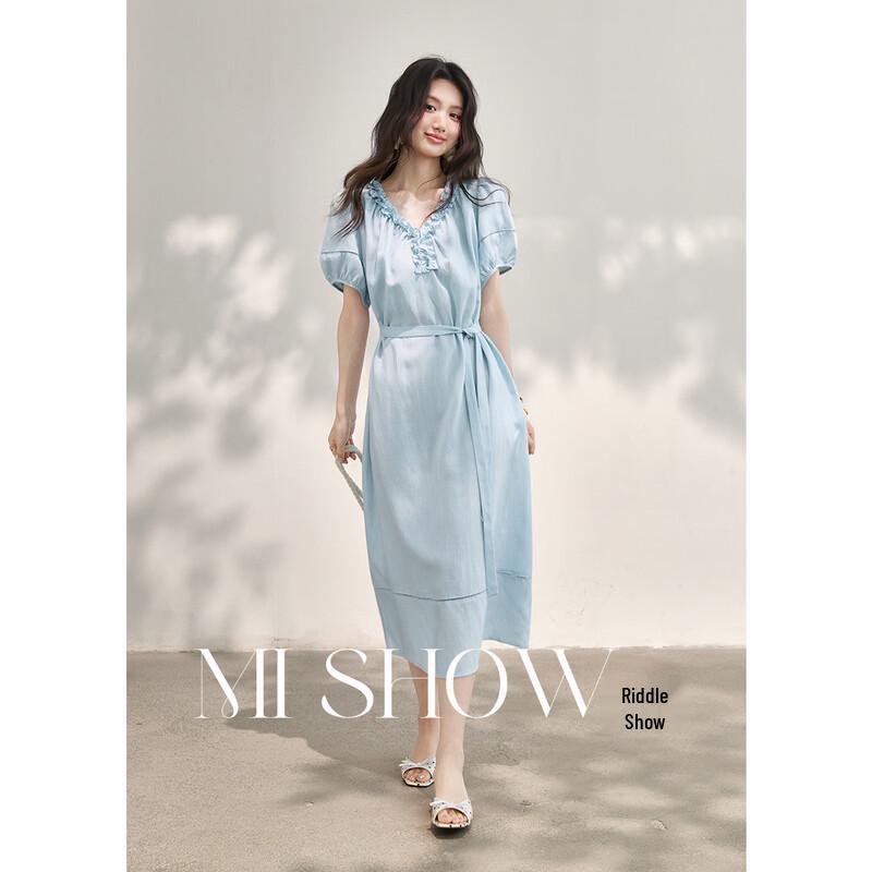 V-Neck Ruffled Hollow Lace Long Dress S