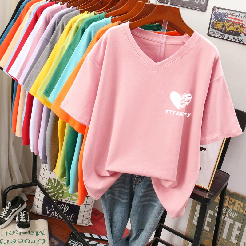 

Жіноча футболка з коротким рукавом, великого розміру, вільного крою, що підкреслює фігуру, нішева, топ з V-подібним вирізом з чистої бавовни, що прикриває живіт S