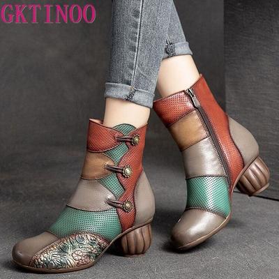 Botas de Moda GKTINOO para Mujer 2025 Botines Nuevos para Mujer Colores Mixtos Piel Genuina Zapatos de Otoño/Invierno Tacones Cuadrados Calzado Femenino