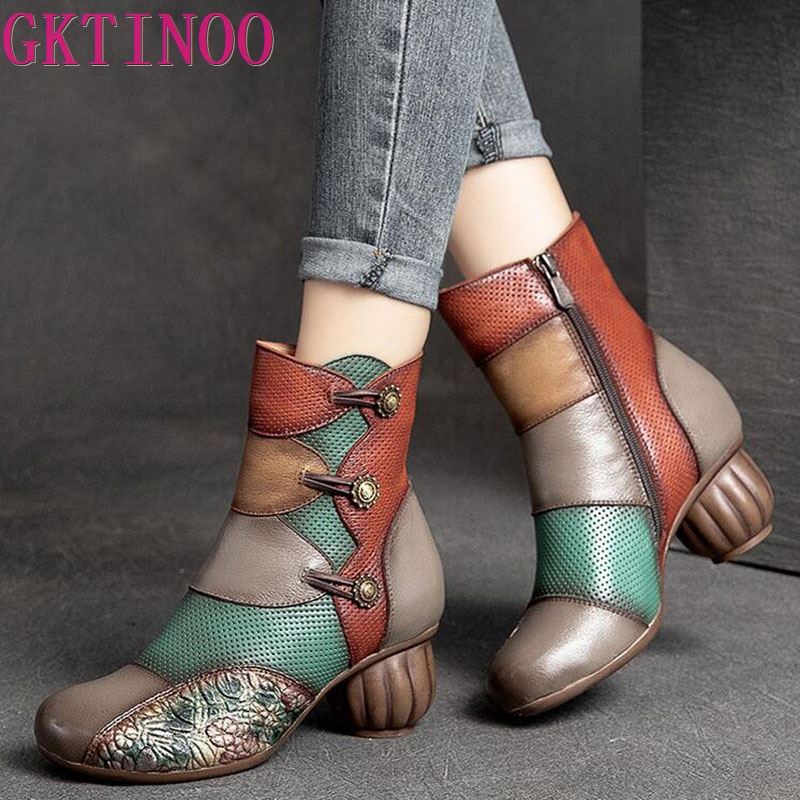 Fashion GKTINOO Women Boots 2025 New Woman Short Boots Mixed Colors Genuine Leather Autumn/Winter Shoes Square Heels Female Footware