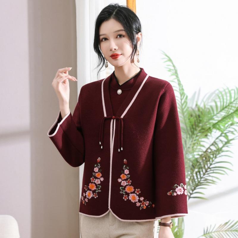Mom autumn and winter fashion knitted long-sleeved two-piece set medium and old women's cardigan jacket top