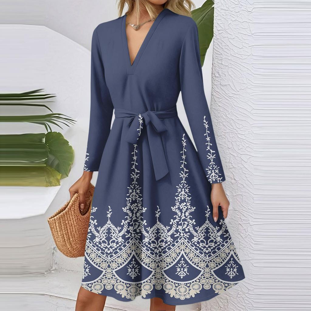 Women's Fashion Casual V-Neck Long Sleeve Waist Floral Print Midi Dress