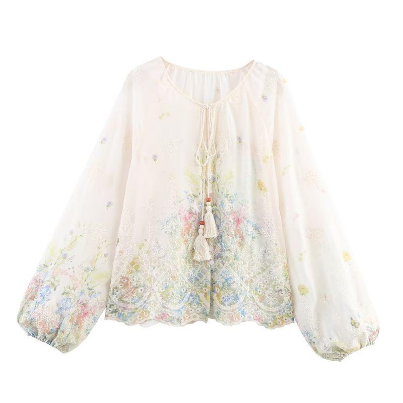 Jnleaog Spring New Arrival Women's Clothing Fashion Style French Fashion Design Lantern Sleeve Round Neck Single-Breasted Shirt