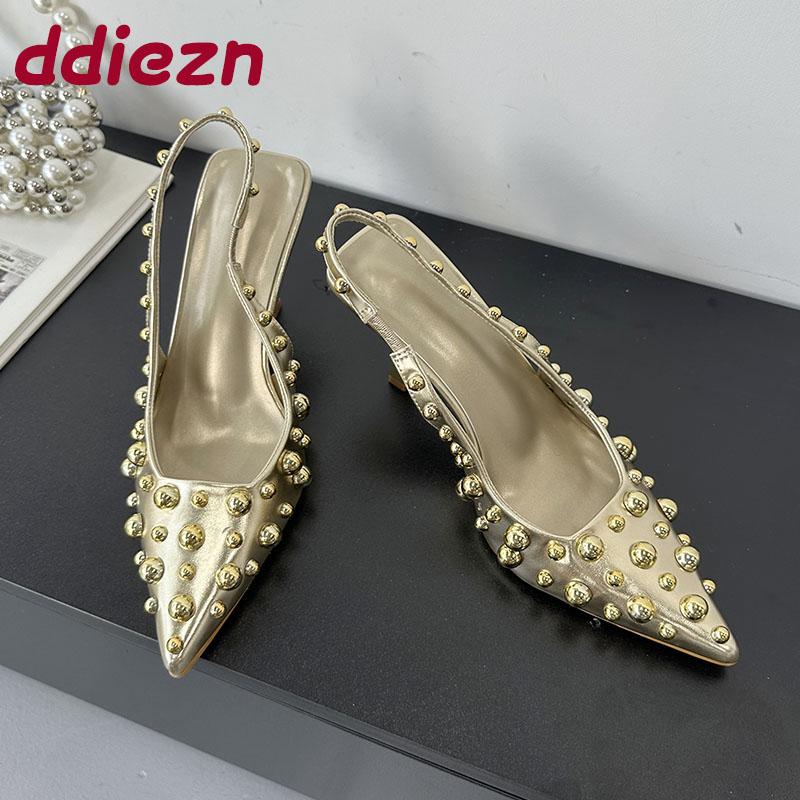 Fashion Female Metal Rivet Women Thin Heels Pumps Shoes Slingbacks Footwear Fashion Pointed Toe Ladies High Heels Shoes Sandals Big Size