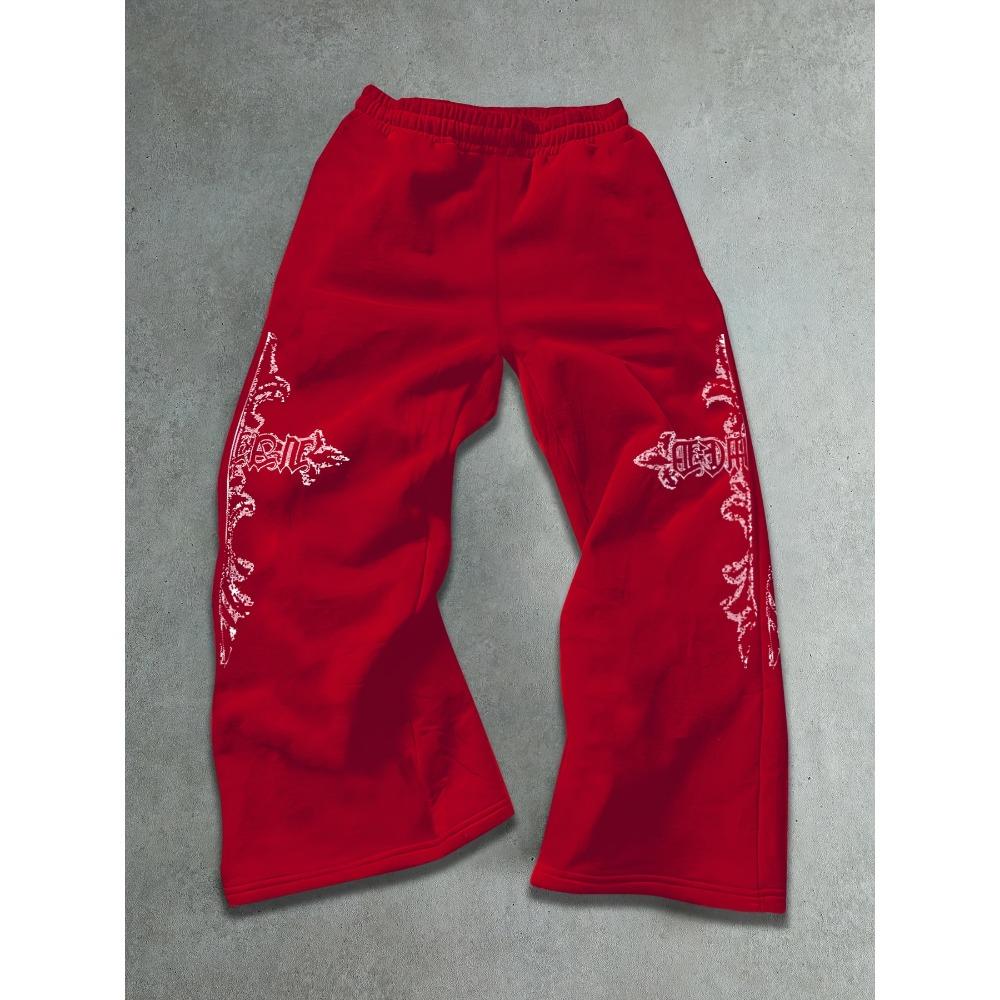 Herren-Sweatpants mit weitem Bein und weißen Flammen-Tribal-Abstrakt-Prints, Kordelzug, lockere Passform, Urban Street Style, inspiriert von Y2K