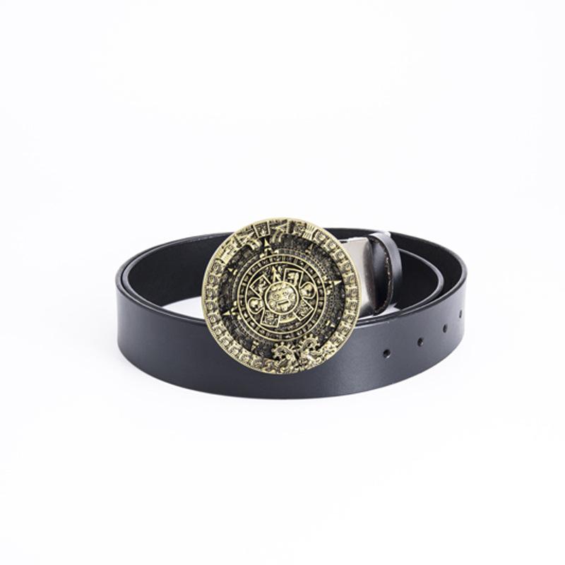Glossy Whole Cowhide Belt, Zinc Alloy Ancient Tin Aztec Calendar Belt, Retro Large Size Pure Leather Belt.