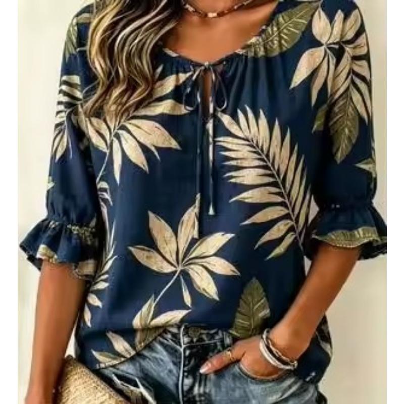 Women's Light Blue Paisley Print Tie Front Blouse, Casual Loose Top for Spring Summer Daily Wear