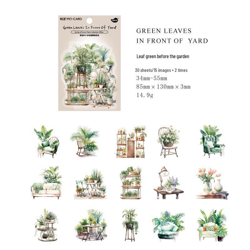 Momo PET White Ink Green Plant Sticker Pack: 30 Sheets, 6 Designs for Journal DIY Decoration