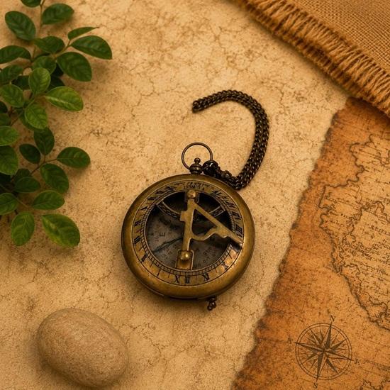 Sundial Compass with Leather Case, Brass Pocket Compass, Engraved Gift for Him, Unique Anniversary Explorer Gift