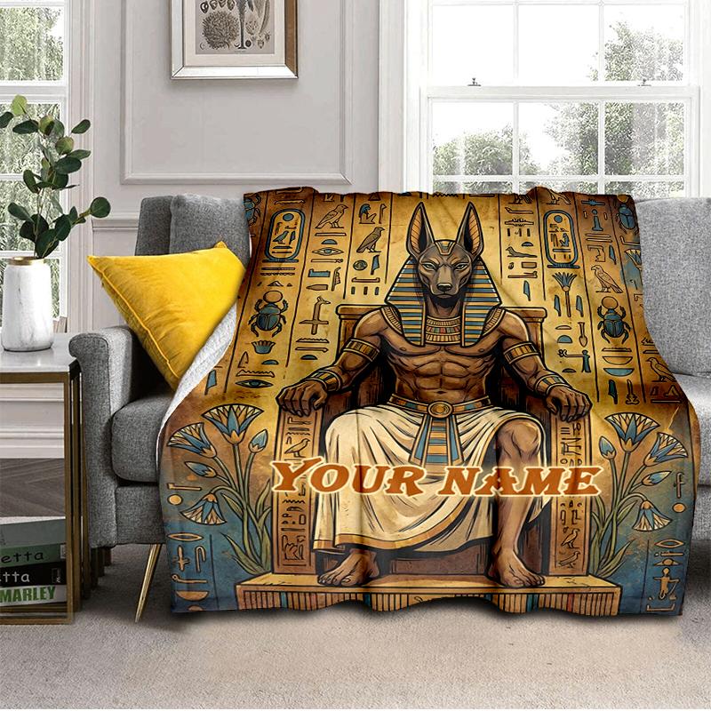 1PC Custom Name Ancient Egyptian God Anubis flannel blanket versatile,all-season throw suitable for the living room,bedroom,camping,travel,and gift