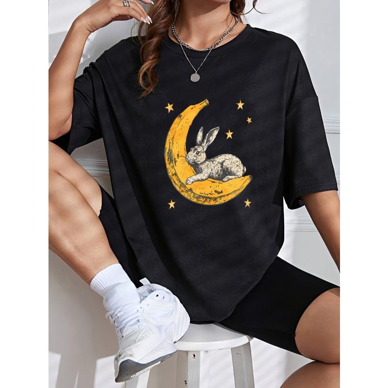 Weißes T-Shirt mit Mondhase- und Sterne-Print Lässiges Sommeroberteil für Damen