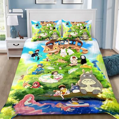 Juego de ropa de cama con funda de edredón y funda de almohada de Anime T-Totoros Kawaii, decoración para dormitorio de adultos, niños y niñas, individual, doble, textiles para el hogar