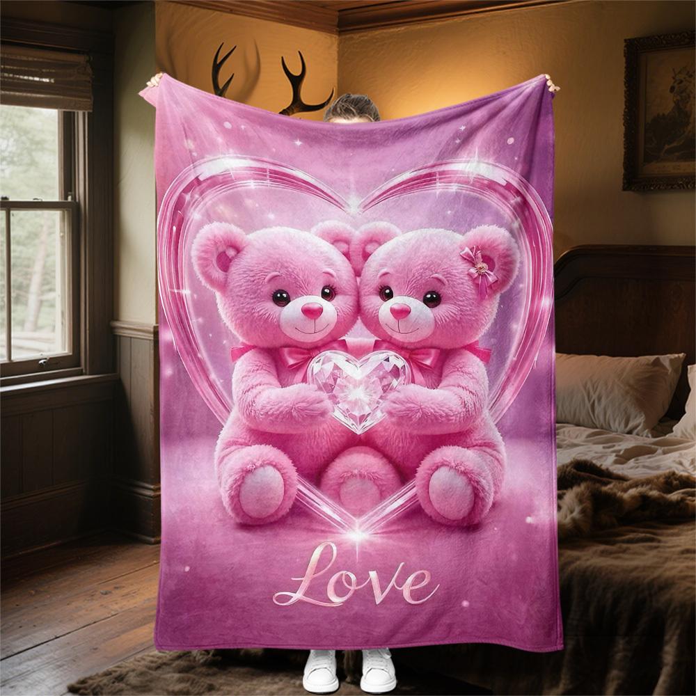 1pc Teddy Bears Love Outdoor Flannel Blanket Soft Warm All-Season Throw for Sofa Bed Car Camping Office, Cozy Gift Idea1328S