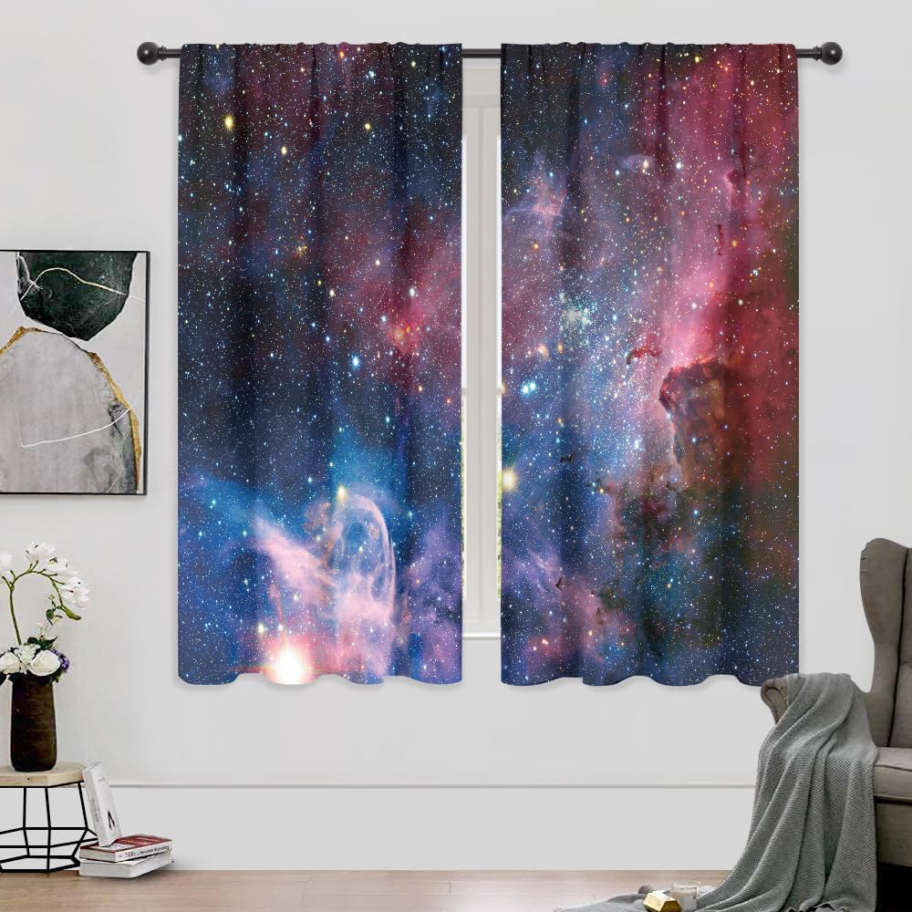 

Galaxy Sky Star Curtains Blue Starry Shining Night Outer Space Cosmic Celestial Universe Planets Rod Pocket Boys Fantasy Bedroom 53x116CM-2PC