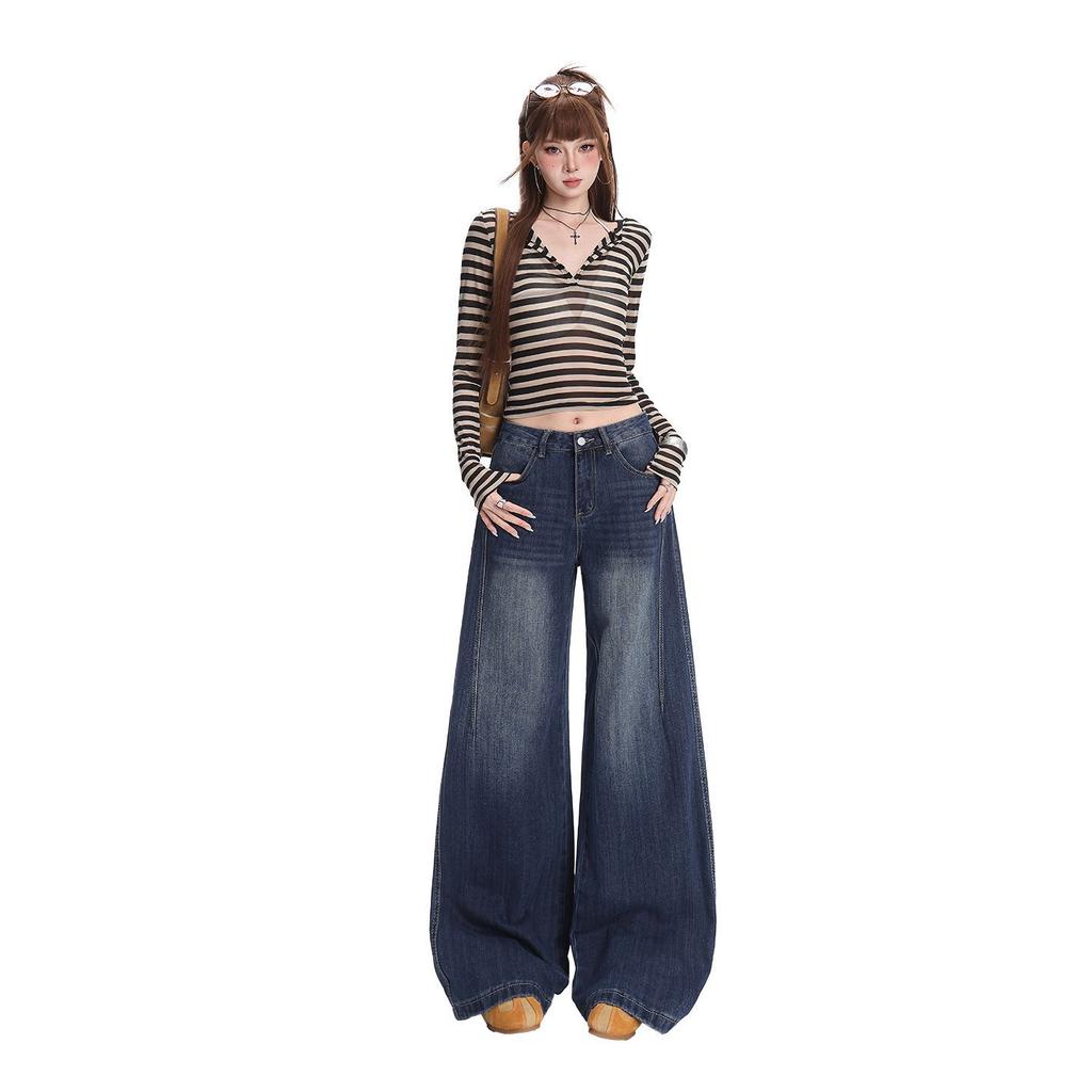 Autumn and winter new retro blue bamboo straight jeans women's narrow wide-leg slim floor pants