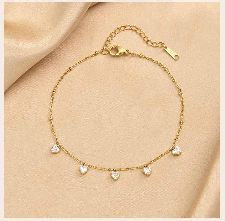 Heart Stainless Steel Anklet Bracelet Waterproof Gold Plated CZ Stone Satellite Chain French Style Jewelry for Women