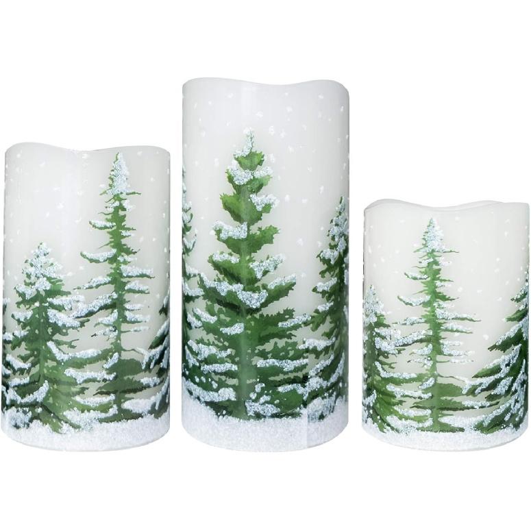Wondise Flickering Flameless Pillar Candles with Timer, Battery Operated Real Wax Warm Light Christmas Tree Pine Tree Decal Candle for Home