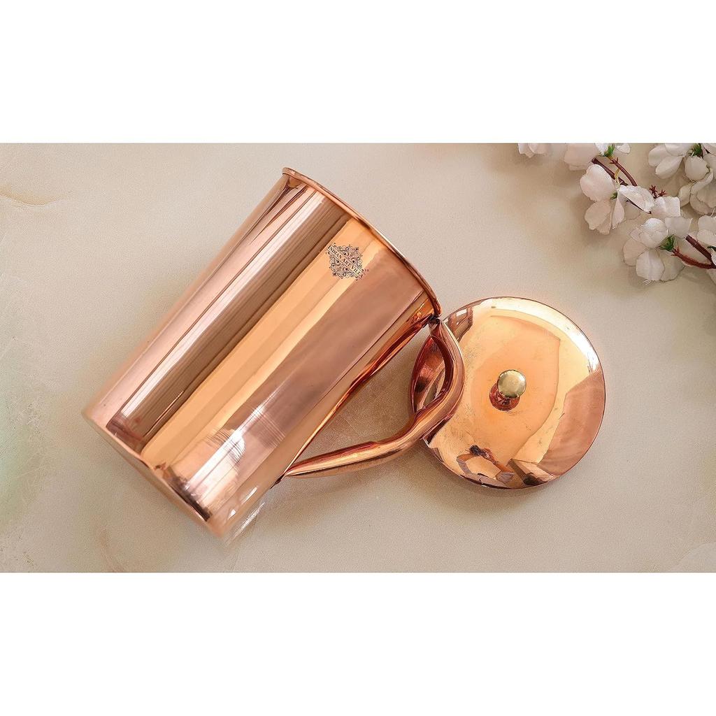 Plain Shine Design Copper Jug Pitcher with Brass Knob, Storage & Serving Water, Yoga Ayurveda Healing, Volume- 2000 ML