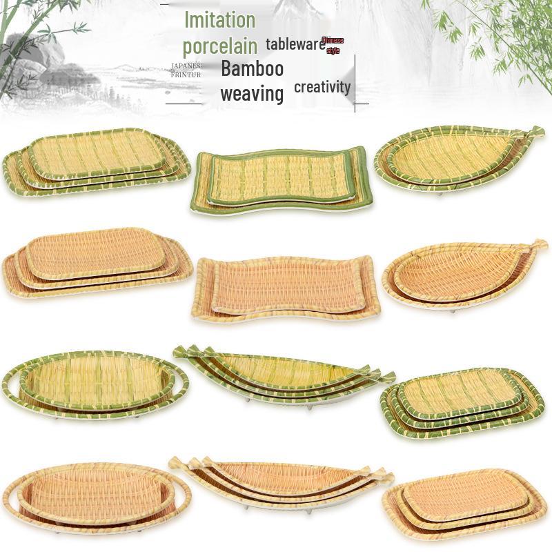 Kreativní obdélníkový porcelánový talíř ve stylu bambusu na sushi, BBQ, svačiny a dezerty