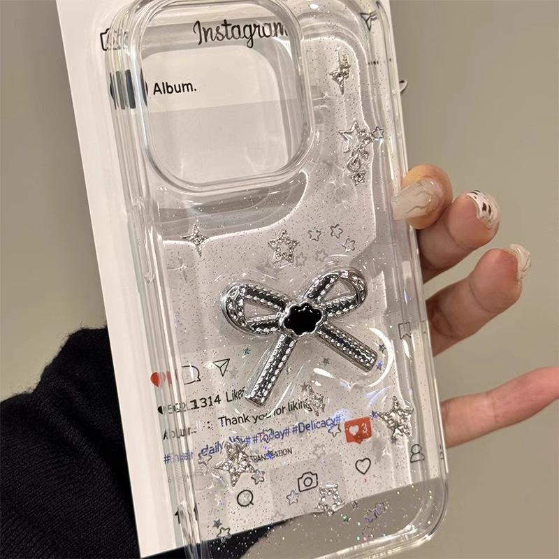 Bow Glitter Epoxy Mobile Phone Case For Iphone17Promax Stars Apple 16Plus Transparent 14 Women