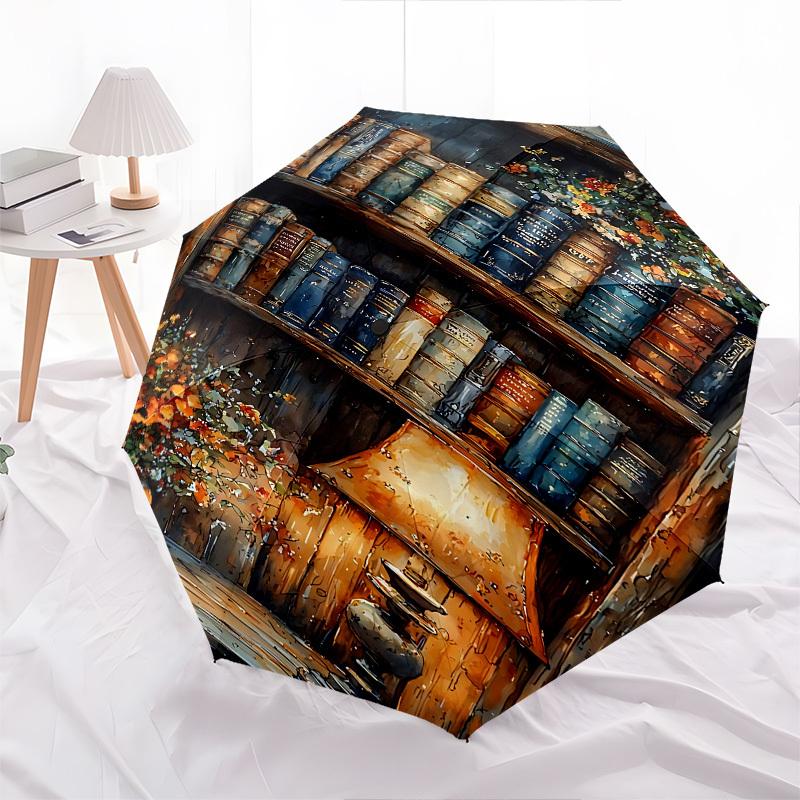 Bücherregal, Lampen-Thema, Automatisches Öffnen und Schließen, Helle Farben, 8-Speichen, Tragbarer Regenschirm, Geeignet für Männer und Frauen, Ein Perfek