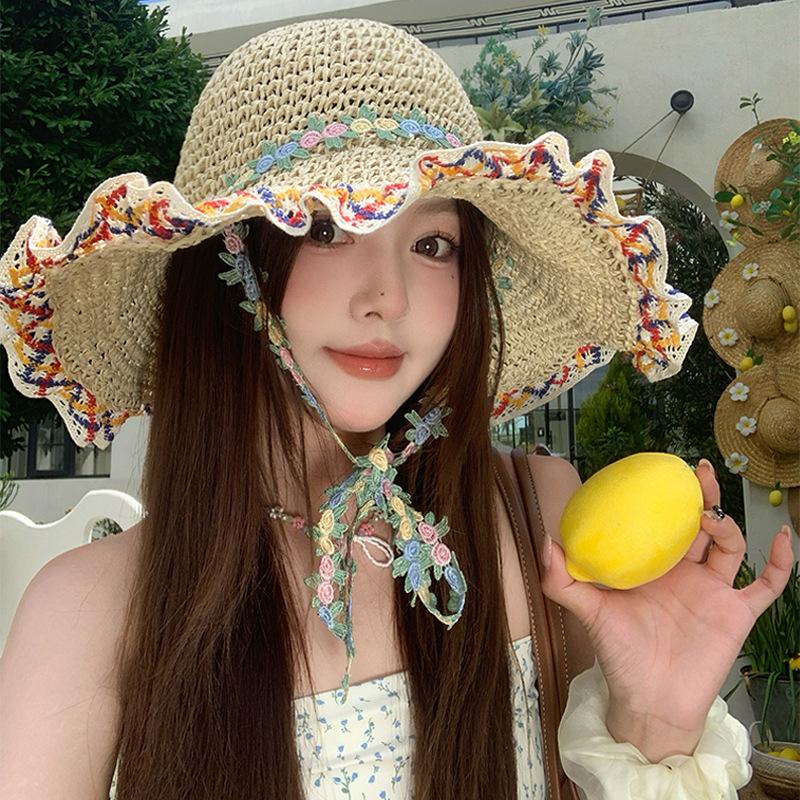 Korean Style Floral Bow Straw Hat For Women New Summer Beach Large Brim Fisherman Hat Small Face Holiday Style Sun Hat