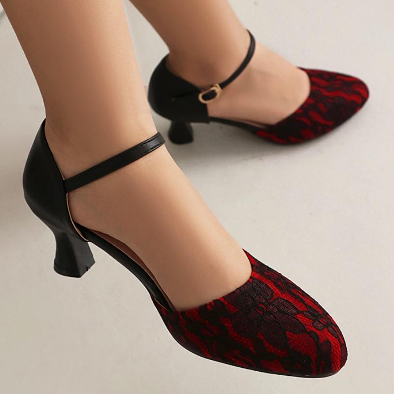 Women's Medium Heels D'Orsay Shoes Summer 2025 Fashion Lace Strap Black Red Short Heeled Party Wedding Shoes Female Big Size 48