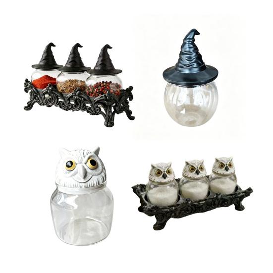 Spice Storage Jar Moisture Proof Glass Spice Jars with Witch Hat/Owl Lids Sealed Dry Foods Containers Decorative Kitchen Storage Jars