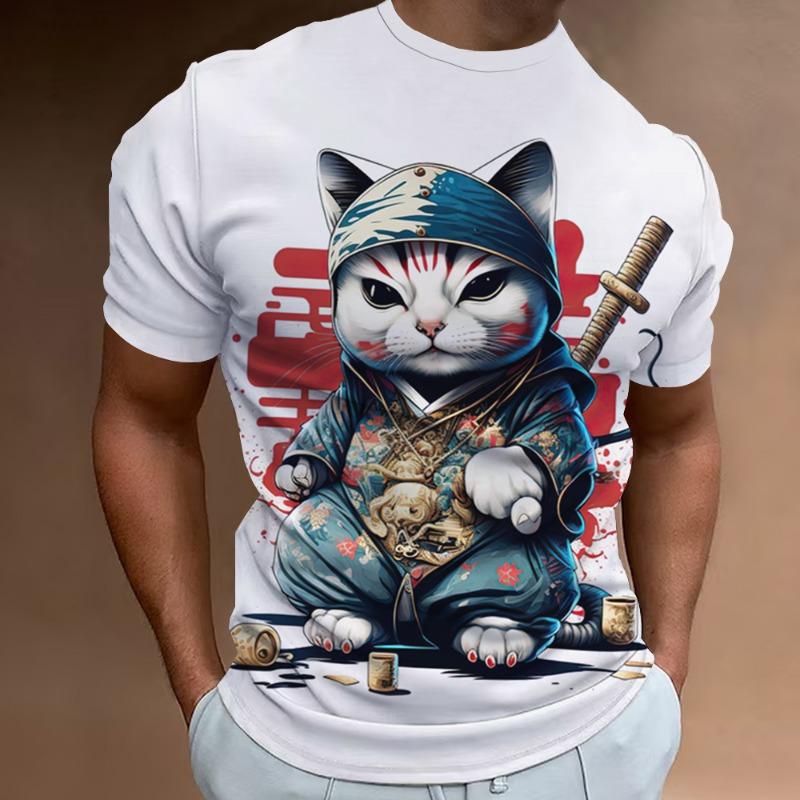 New Retro Men's T-Shirt 3d Samurai Cat Print Short Sleeve T-Shirt For Men Fashion Oversized Man Clothes