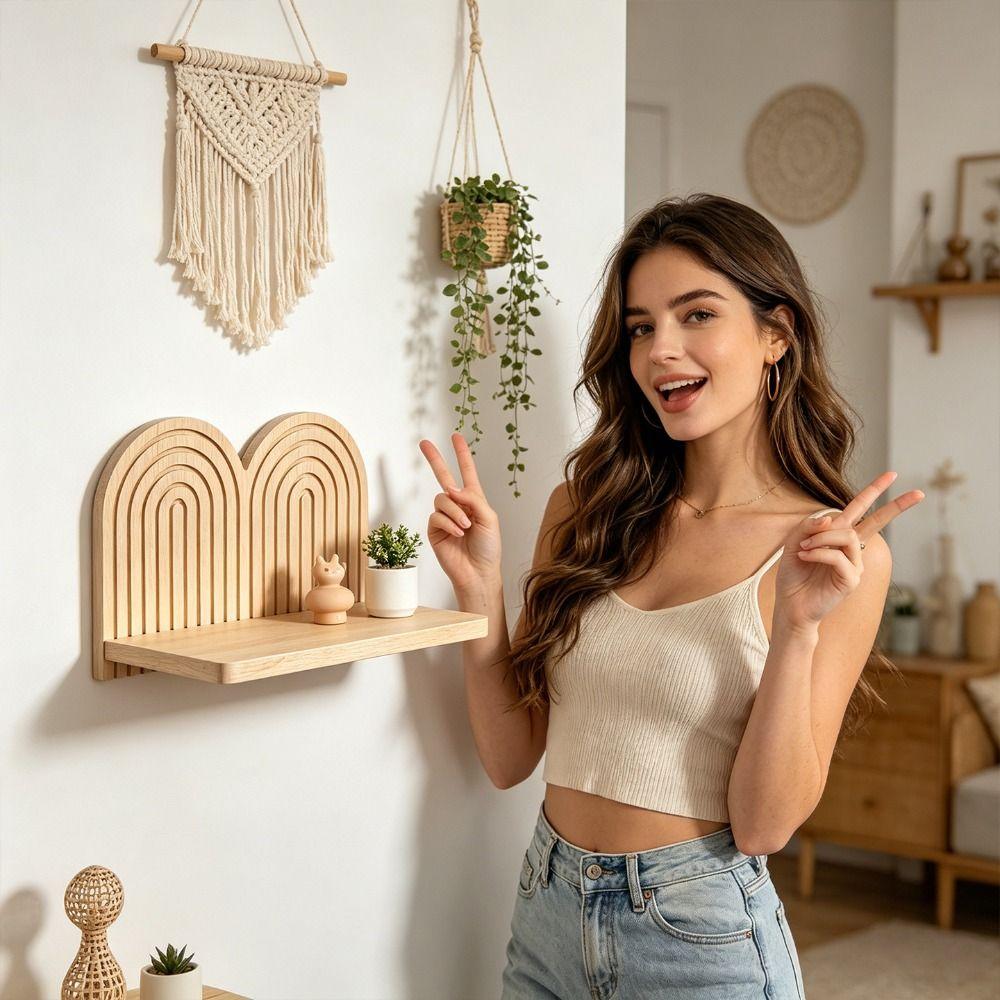 Floating Design Wall Mounted Shelves Multi-Layer Design Wooden Shelves Arched Wall Shelves Bedroom