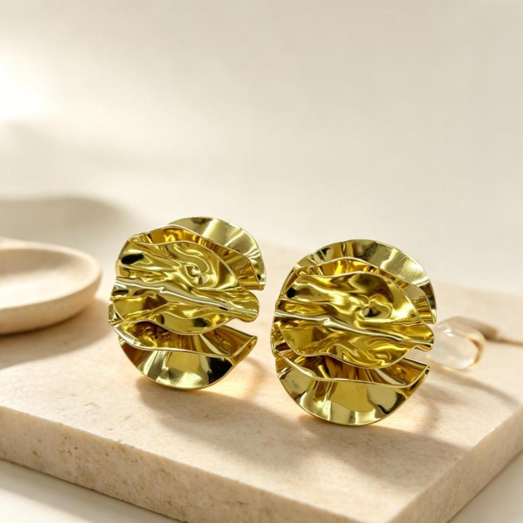 Chic Multi-layered Pleated Petal Stud Earrings: Metal Design for a Luxurious, Versatile Style