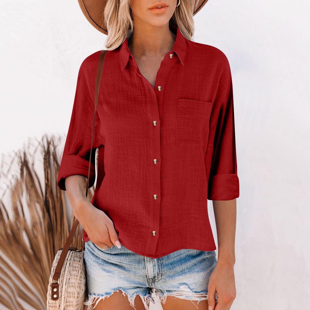Women's Loose Cotton Linen Solid Color Long Sleeve Cardigan Irregular Pocket Shirt Top