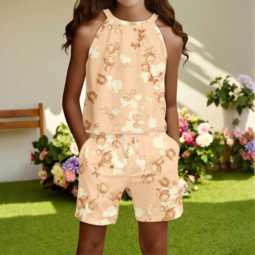Children's Casual Fashion Round Neck Sleeveless  Top Shorts Set