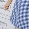 VONDA Women Square Collar 3/4 Sleeve Lace Hem Casual Plaid Mini Dress