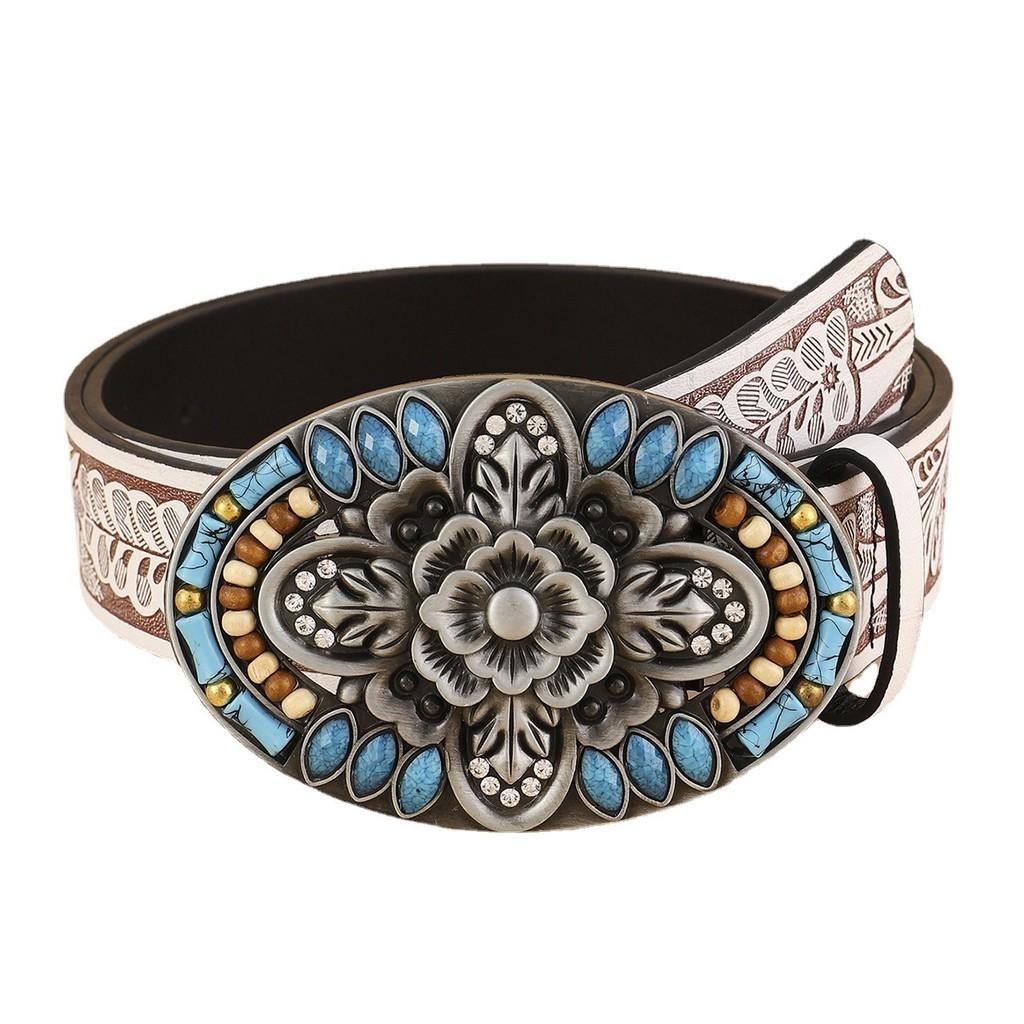Chic White Turquoise Waist Belt For Women With Flower Element Design