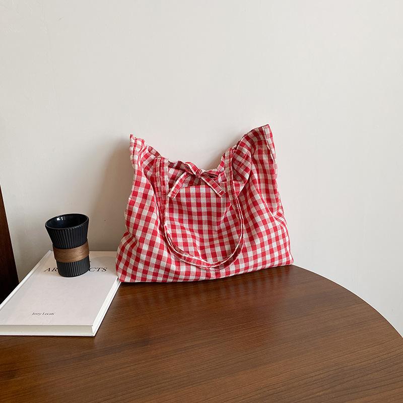 Summer New Plaid Fresh and Beautiful Cloth Bag Sweet Literary Niche Retro Shoulder Underarm Portable Women's Bag