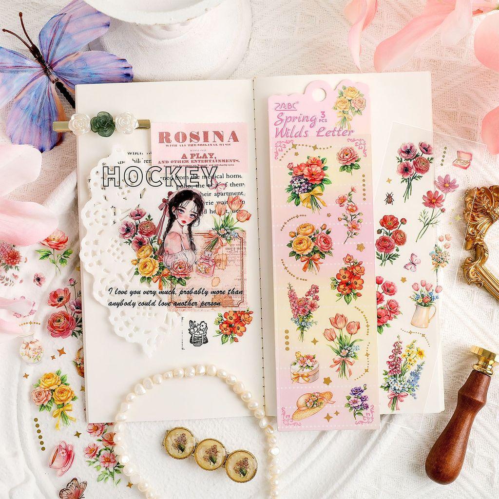3sheets PET Flowers Stickers Decor Junk Journal DIY Scrapbooking Supplies Collage Decoration Stickers