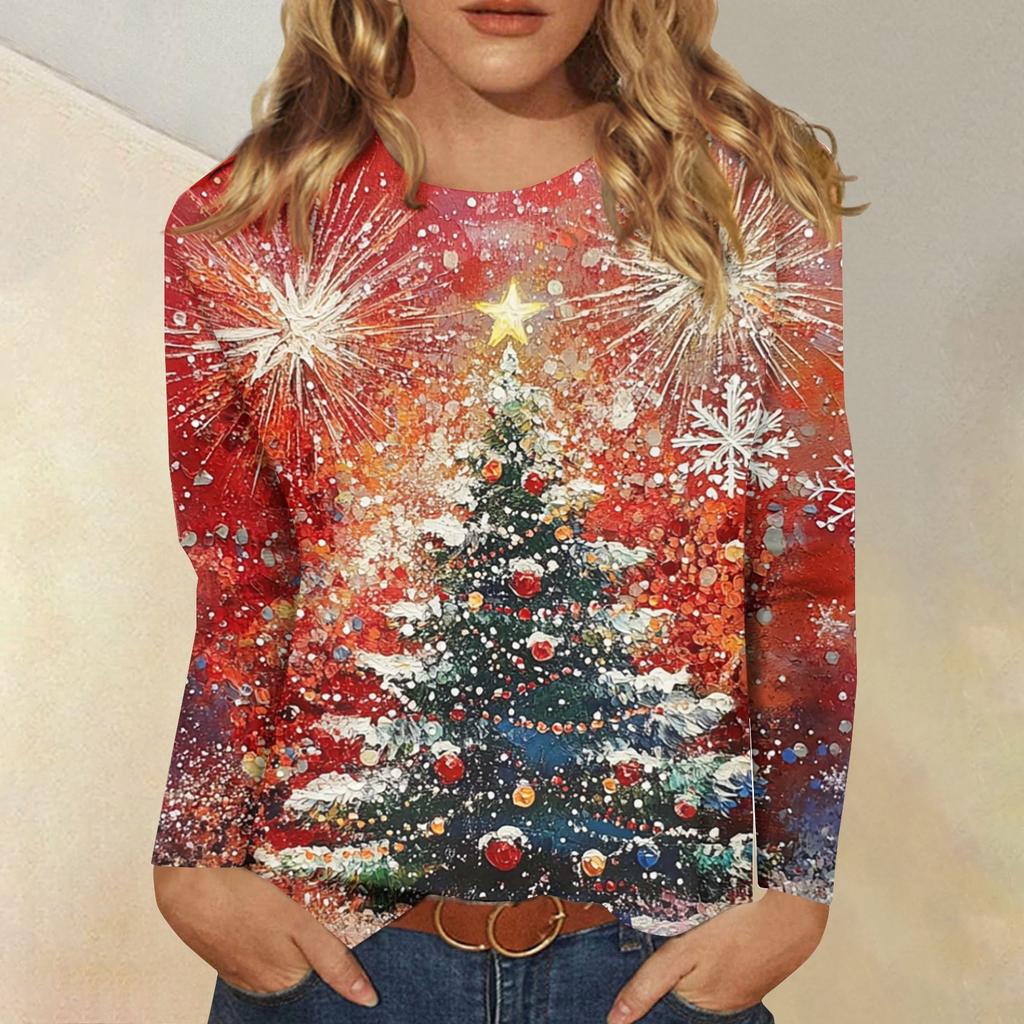 Damenmode, lässig, langärmelig, weihnachtlich bedruckt, Rundhals-T-Shirt