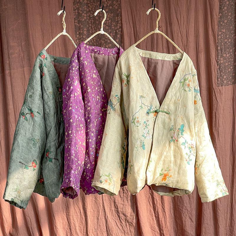 Johnature Women Vintage Print Floral Parkas V-Neck Long Sleeve Warm Autumn Coats Linen Chinese Style Single Button Parkas