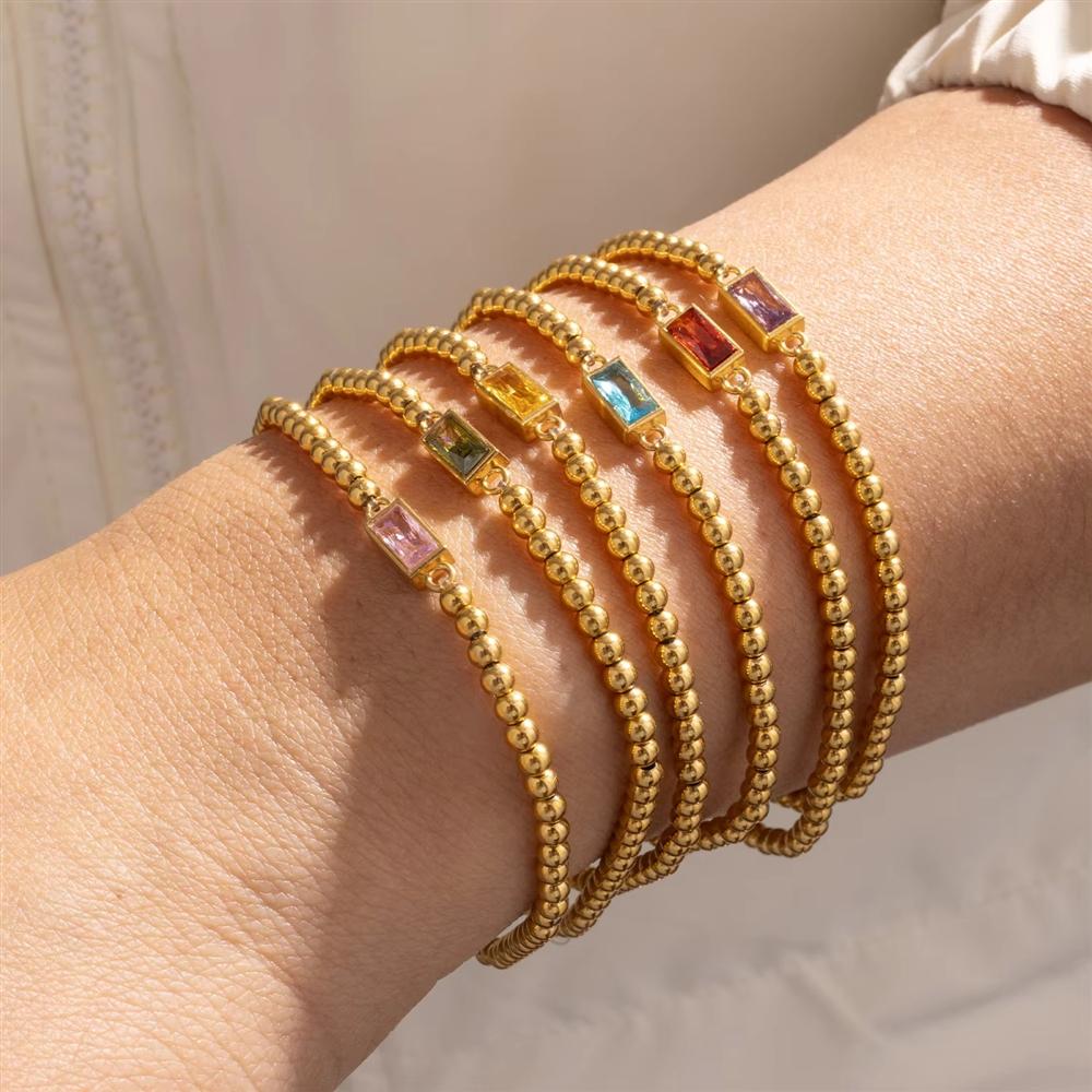 Birthstone Charm Ball Beaded Bracelet 18K Gold Plated Stainless Steel Month Stone Stretch Jewelry