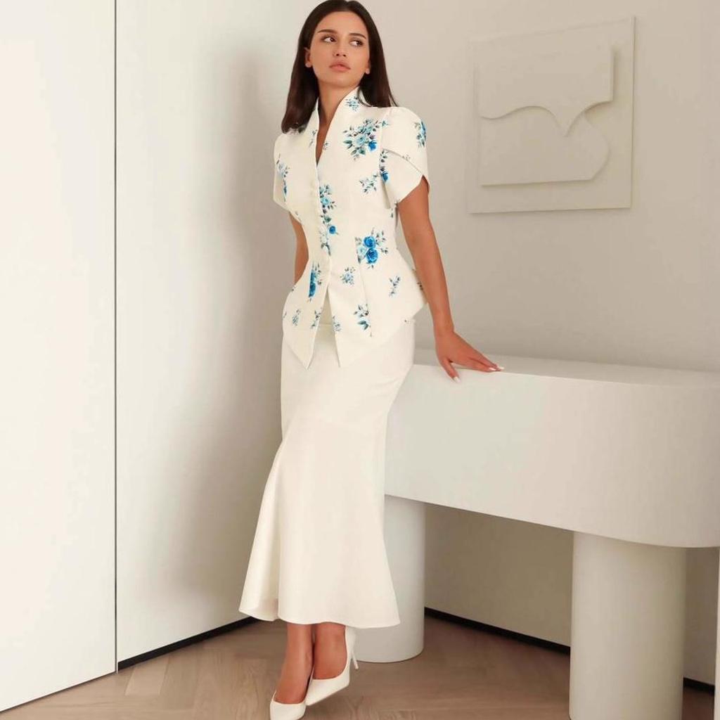 2025 Summer Floral Semi-High Collar Short Sleeve Bodycon Skirt Set