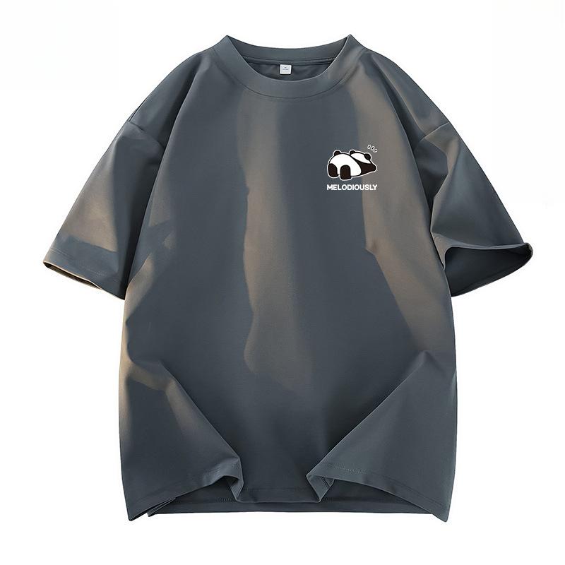 Sommerliches Baumwoll-T-Shirt mit lockerem Schnitt, Panda-Grafikdruck und Fünf-Minuten-Ärmeln