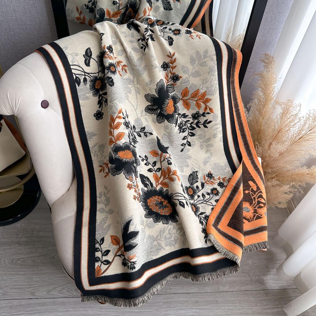 Autumn And Winter Color Matching Magnolia Flower Imitation Cashmere Scarf Women'S Winter Versatile Temperament Scarf To Keep Out The Cold Shawl
