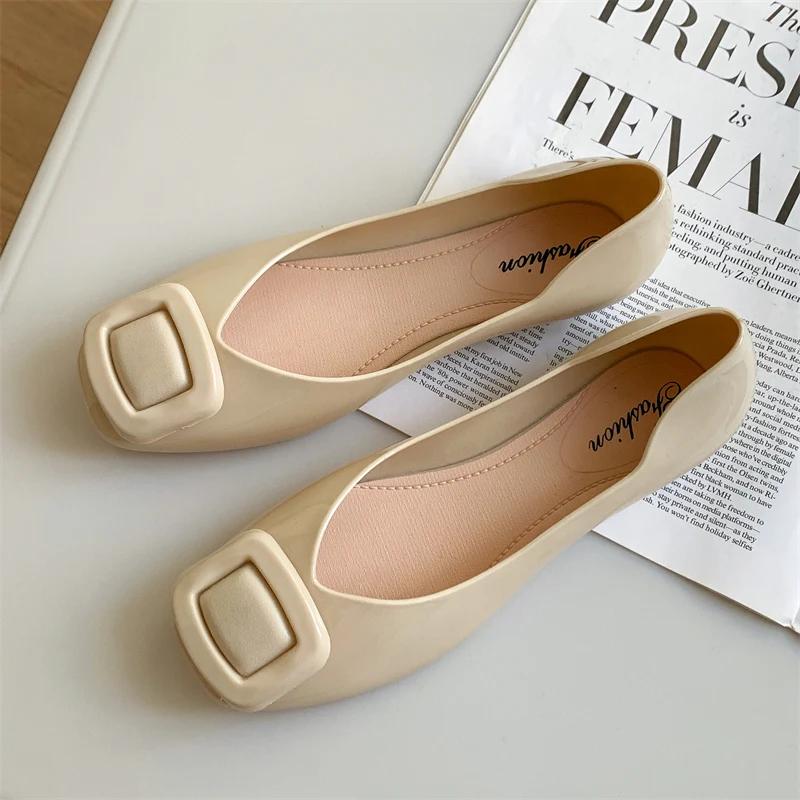 Fashion Women's Summer New PVC Solid Color Square Button Sandals Fashion Shallow Mouth  Casual Flat Women's Single Shoes