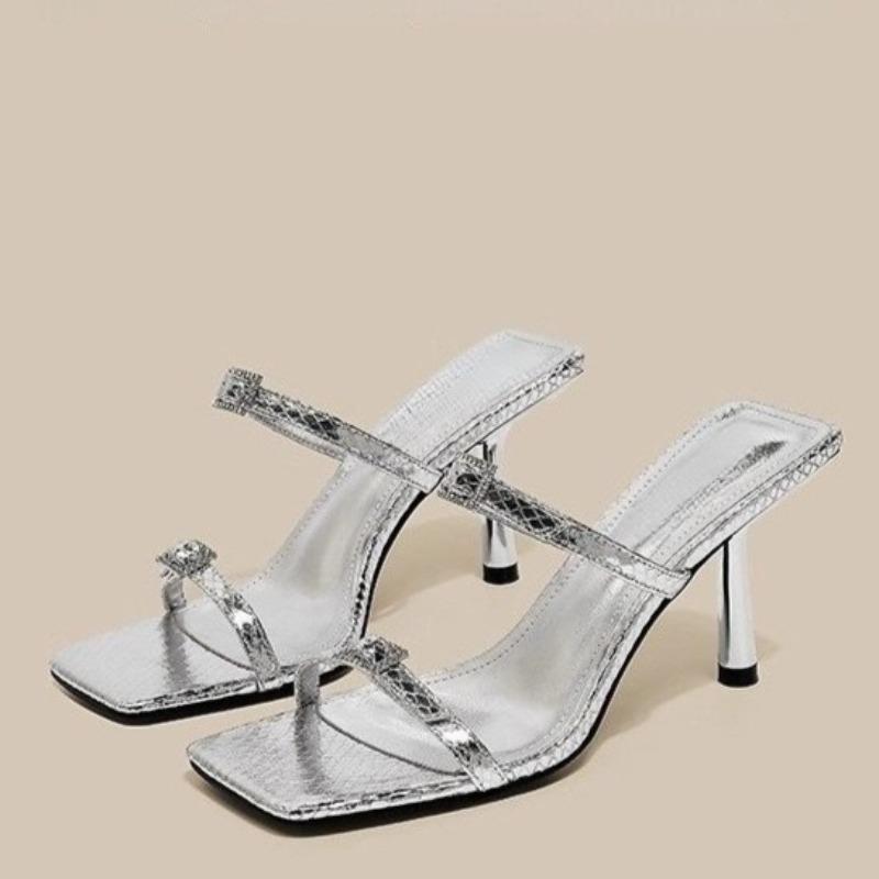 Fashion Stiletto Flip-Flops Summer New Square Toe Open Toe Crystal Metal Buckle Anti-Slip Wear-Resistant High Heels