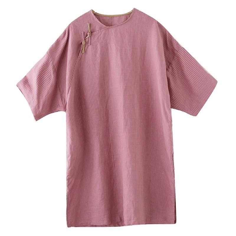 Real shot spring and summer new cotton and linen ethnic style retro buckle medium and long shirt women