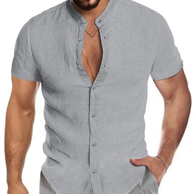 Erkek Gevşek Artı Boyutu Üst Yaz Düz Renk Gömlek Pamuk Keten Yaka Kısa Kollu Casual Gömlek Erkek Giyim