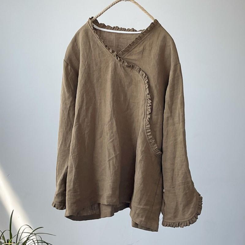 Johnature Vintage Damen Einfarbiges T-Shirt V-Ausschnitt Langarm Herbst Chinesischer Stil Locker Weibliches T-Shirt